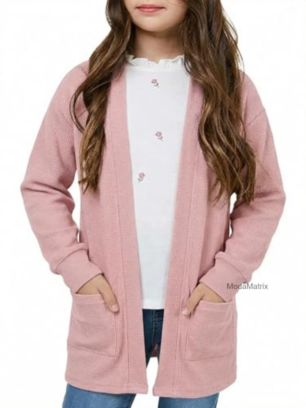 Girls Waffle Knit Open Front Cardigan with Pockets